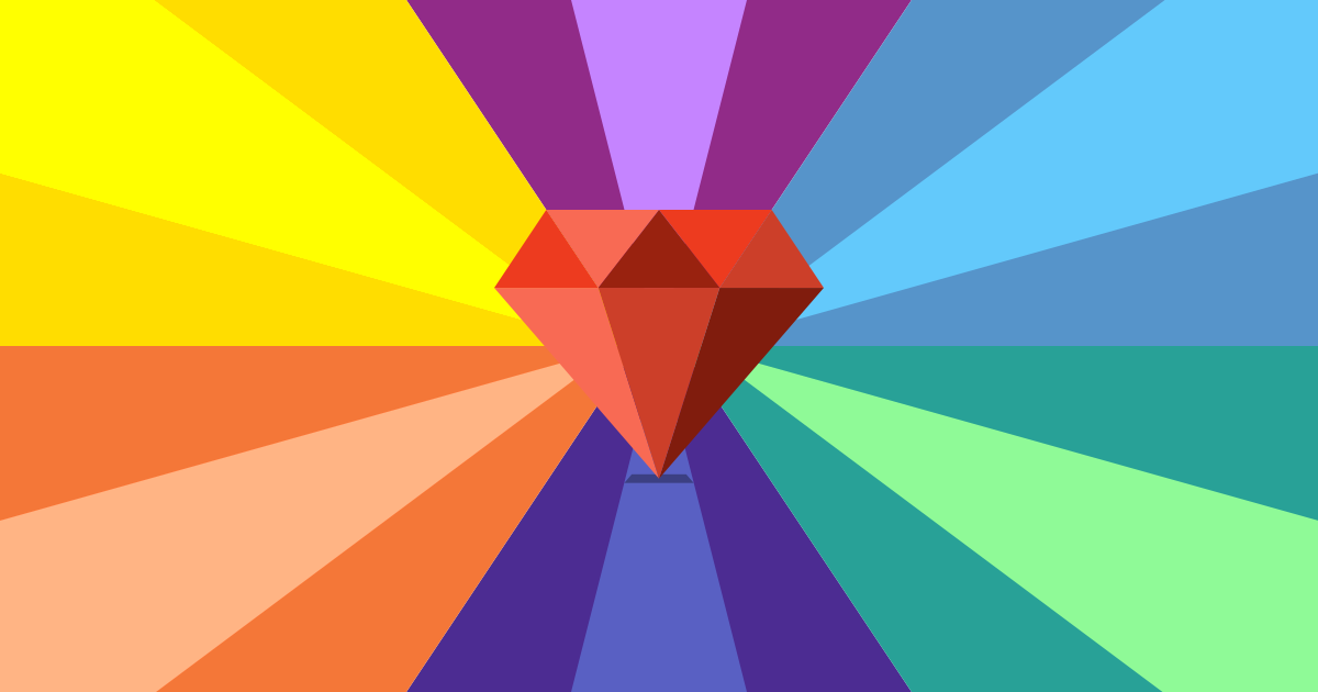 Illustration of a red ruby gem, with multiple colours emanating from it.