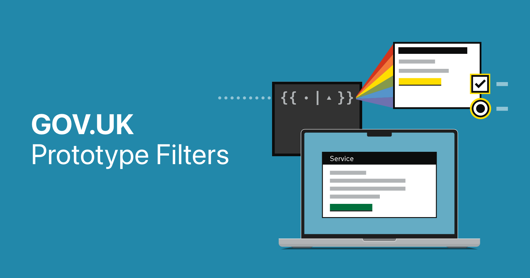 Illustration of an interface with checkboxes and radio buttons being generated from code, floating above a laptop.