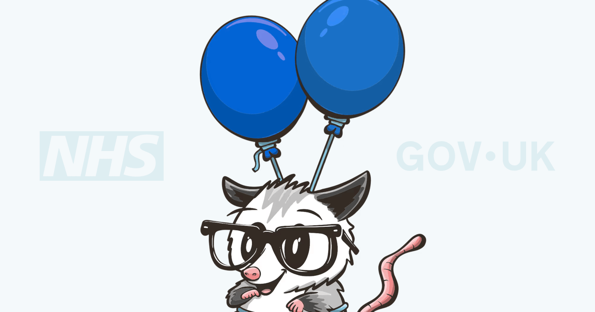 Elle, the Eleventy mascot, held aloft by three balloons, one red and two blue.