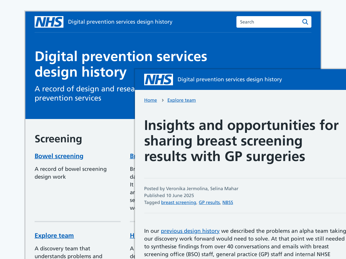 Home page and internal page from the NHS Digital prevention services design history website.