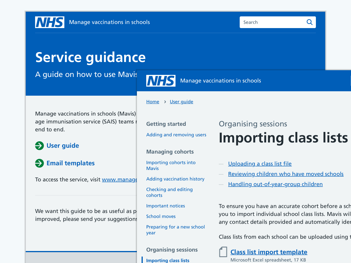 Home page and internal page from the NHS Manage vaccinations in schools service guidance website.